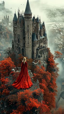 enchanting woman in red dress gazes at ancient castle on cliffside