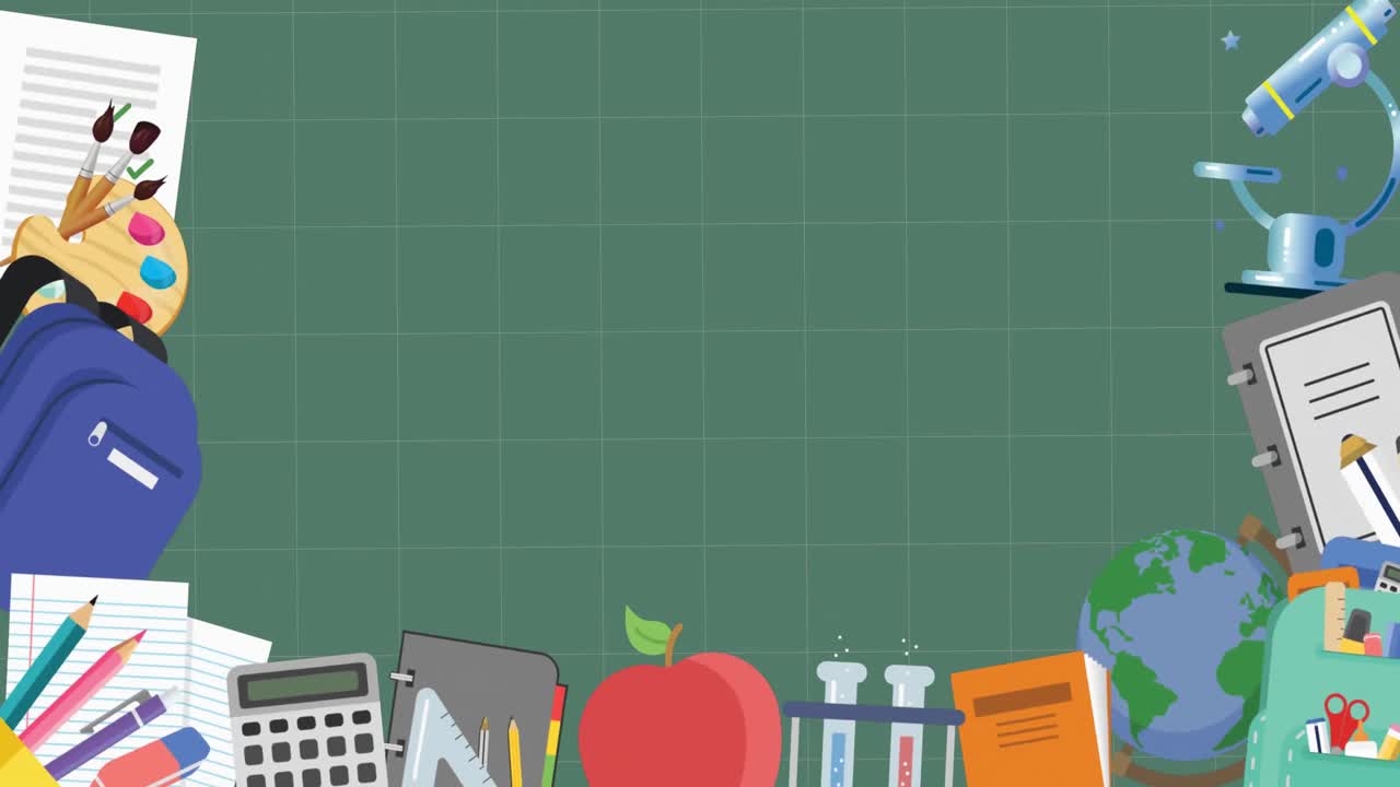 анимация калькулятора, пробирки, кисти, цветной палитр и школьные принадлежности