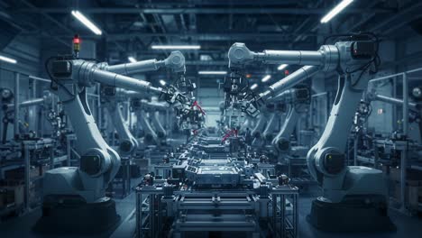advanced robotic arms collaborating in a high-tech industrial warehouse for efficient automation and precision manufacturing processes