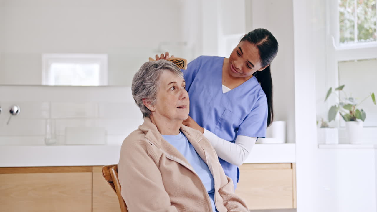 Hair, brush and senior woman with caregiver