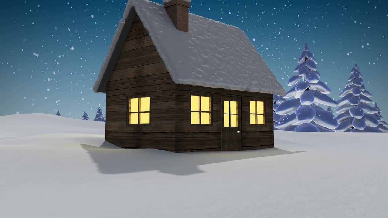 animación de la nieve cayendo sobre la casa en el paisaje de invierno