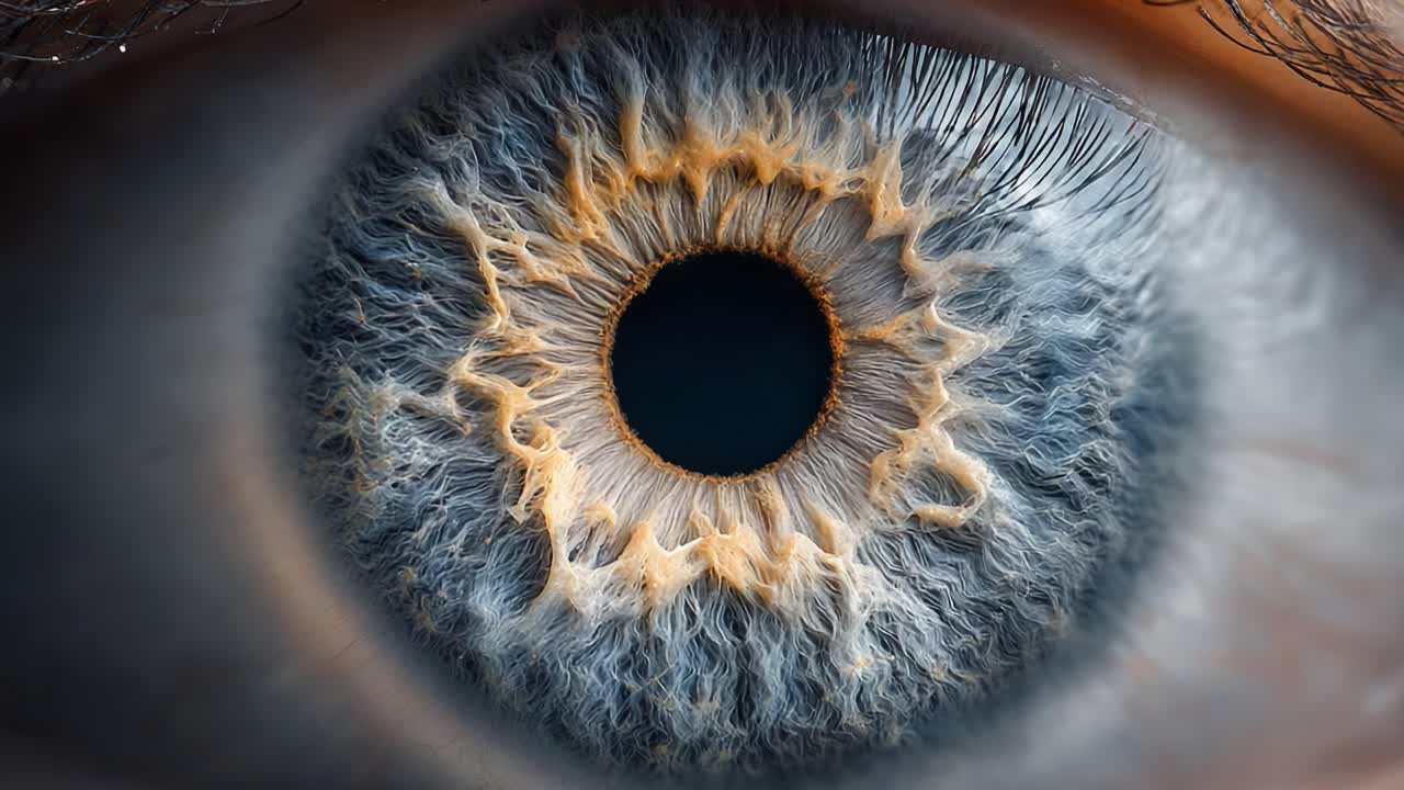 Çarpıcı bir gözün yakından çekilmiş fotoğrafı. Karmaşık desenleri ve etkileyici mavi tonlarını ortaya çıkararak insan görüşünün güzelliğini ve karmaşıklığını yüksek detayda sergiliyor