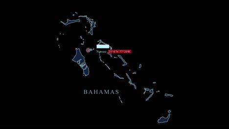 Stilisierte-Bahamas-Karte-Mit-Nassau-Hauptstadt-Und-Geografischen-Koordinaten-Auf-Schwarzem-Hintergrund