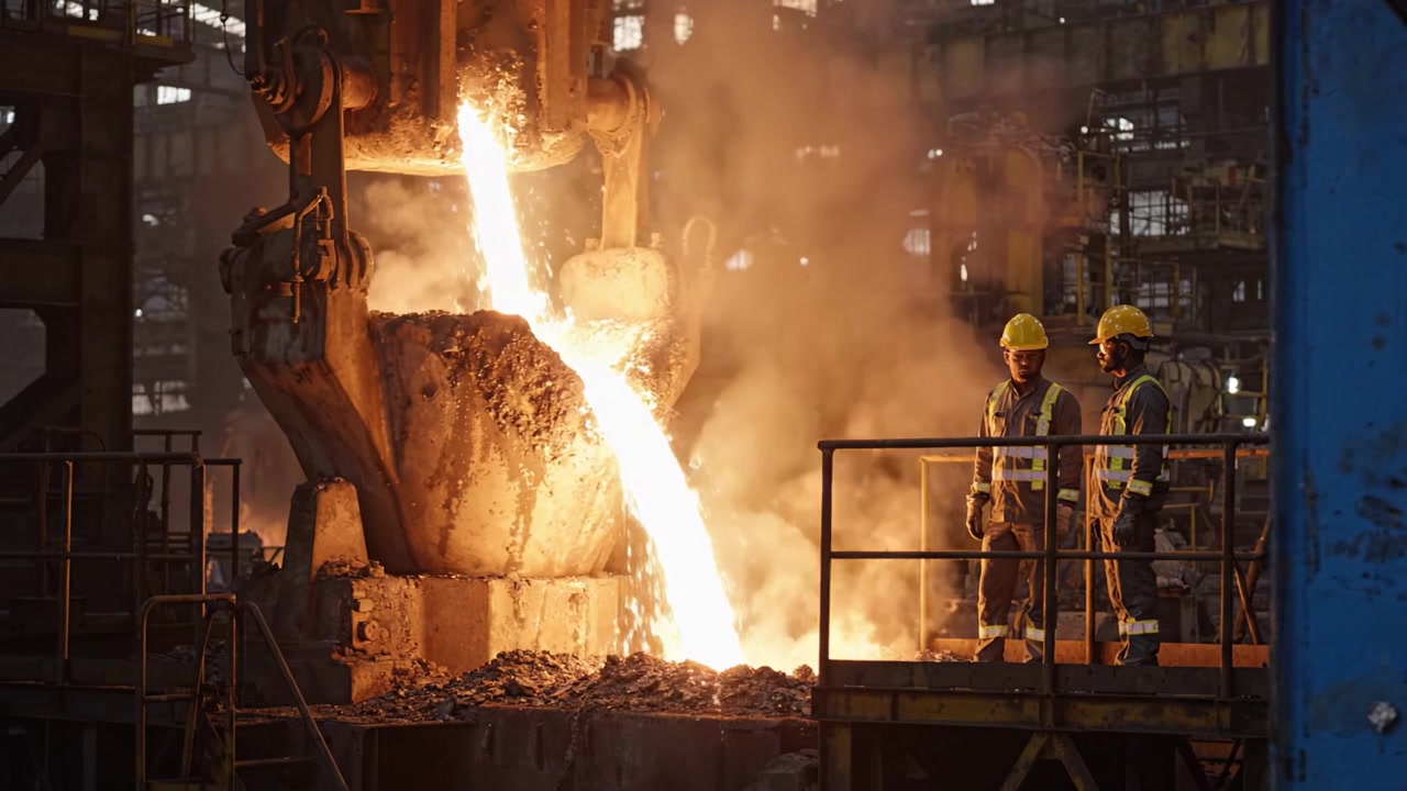 Operai osservano il flusso di metallo fuso in un ambiente industriale: processo di fusione catturato in un contesto di fabbrica con equipaggiamento di sicurezza e attrezzature che indicano alte temperature.