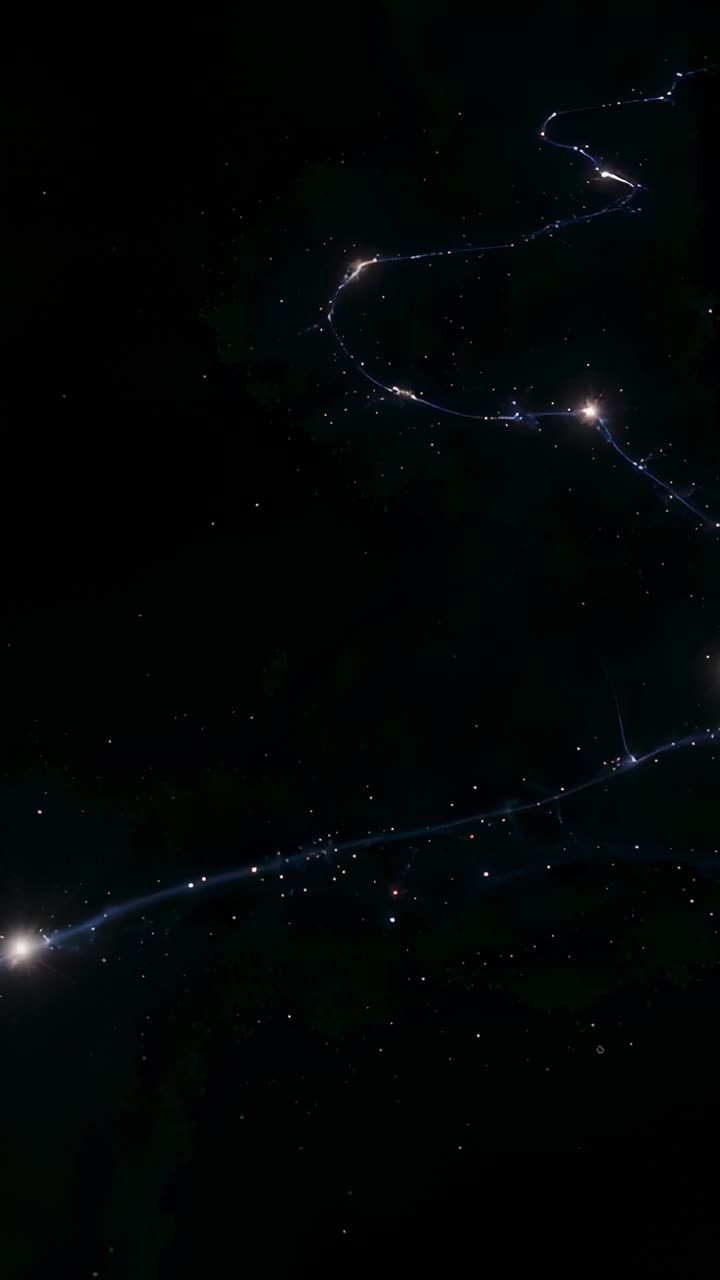 Vertical video: Filament flowing sparks along curved path in dark stars after flash with glow nodes