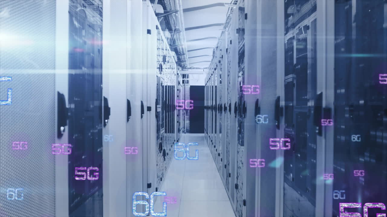 Data center corridor with 5G and 6G technology animation overlay