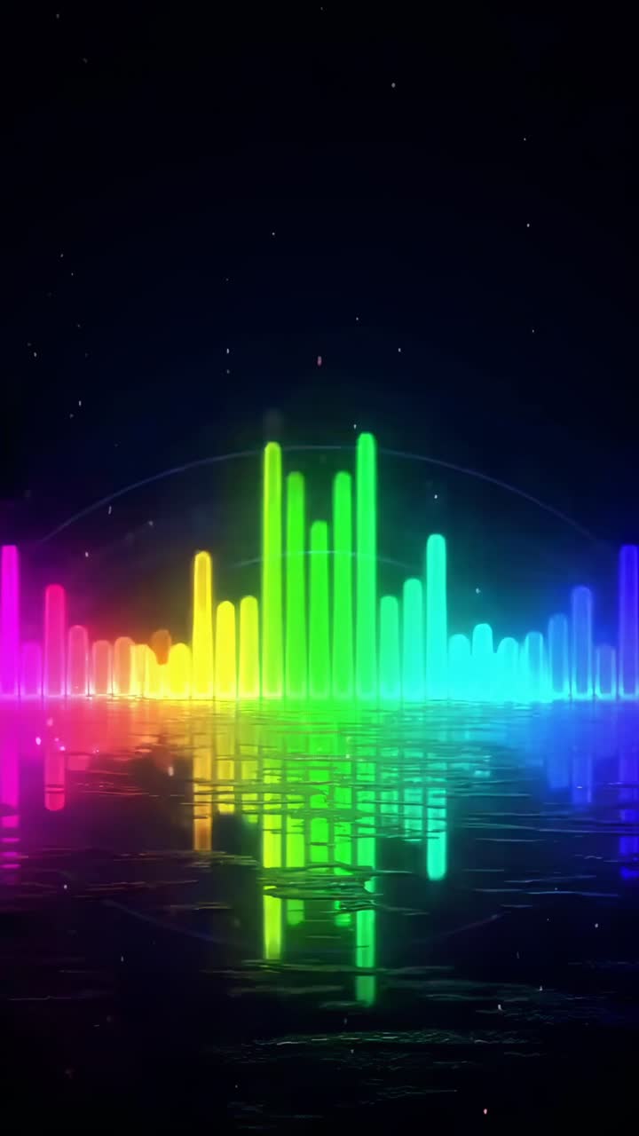 Vibrant neon soundwaves in a dark setting, viewed from a low angle, ideal for a music video