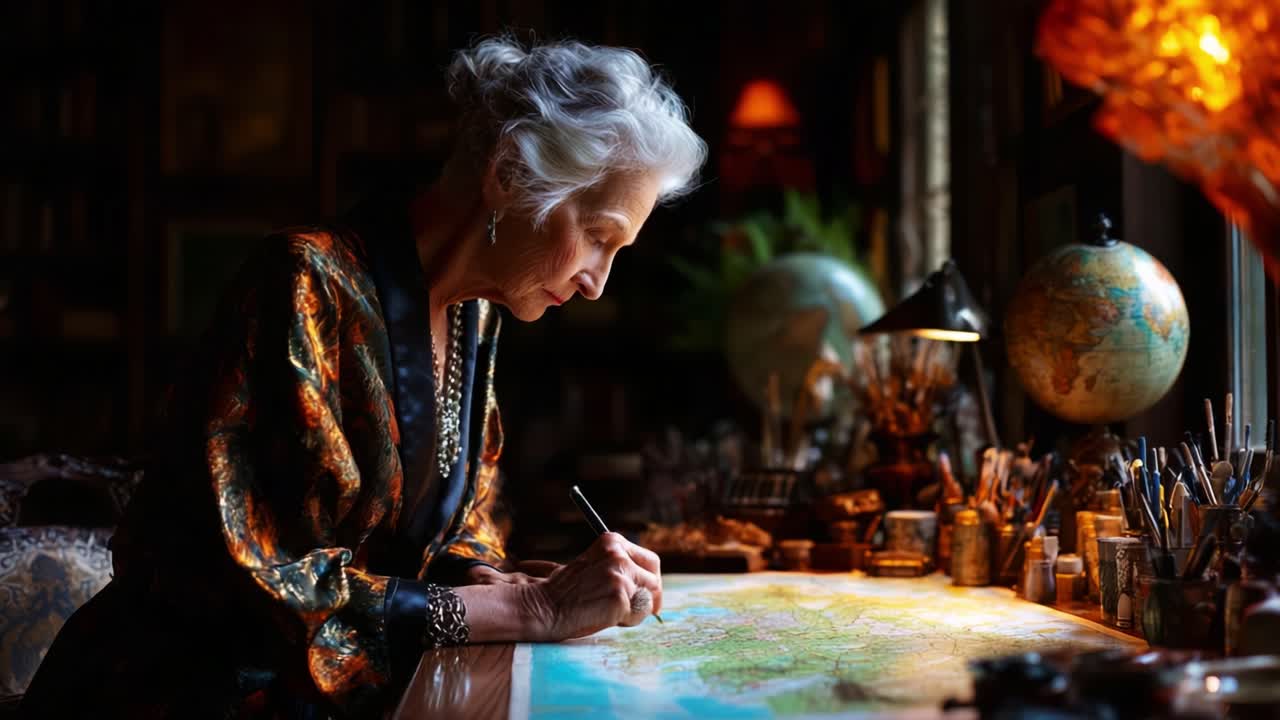 An Elderly Woman Carefully Illustrates a Map at a Dimly Lit Desk, Surrounded by Artistic Tools and Globes, Capturing the Essence of Her Creative Journey and Passion for Cartography