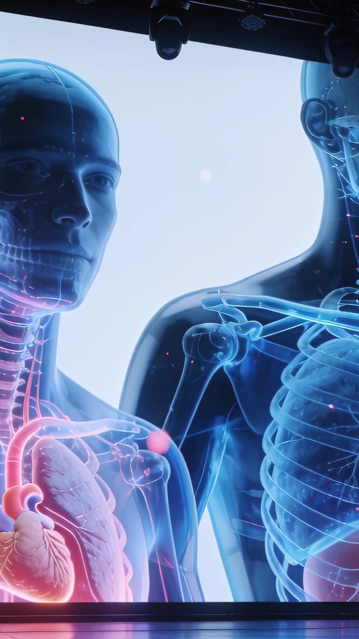 Video verticale: Cuore sinistro che si avvia, parete LED che mostra due modelli anatomici chiari, punti che fluttuano