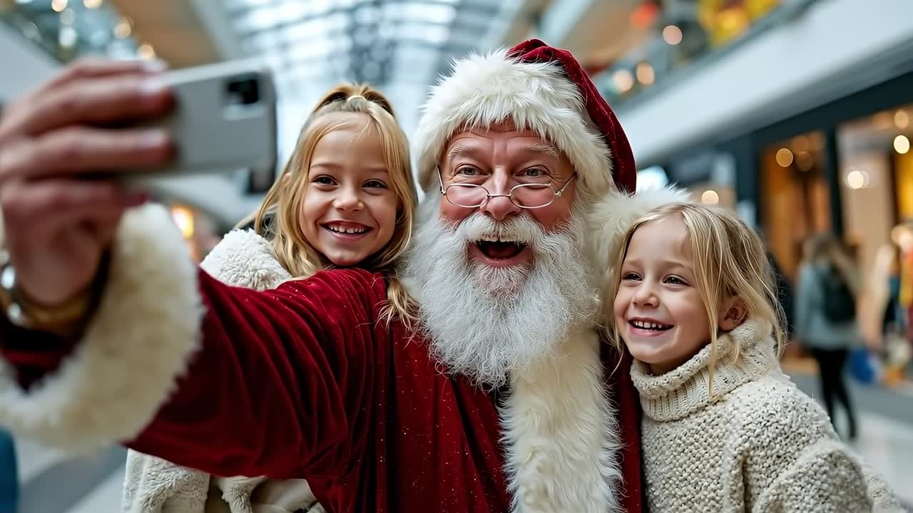 A man dressed as Santa Claus taking a selfie with two little girls