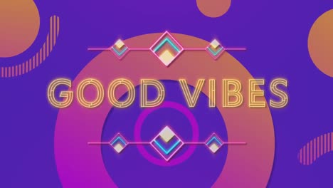 Animation-of-good-vibes-text-between-lines-and-rhombuses-over-circles-against-blue-background