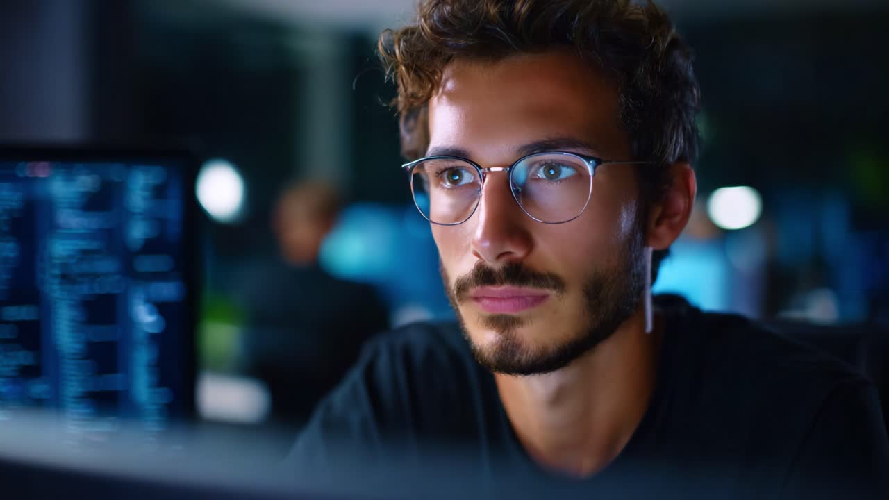 Focused Individual Working Intensely on a Computer in a High-Tech Environment, Engaged in Analysis or Development with Concentration and Determination