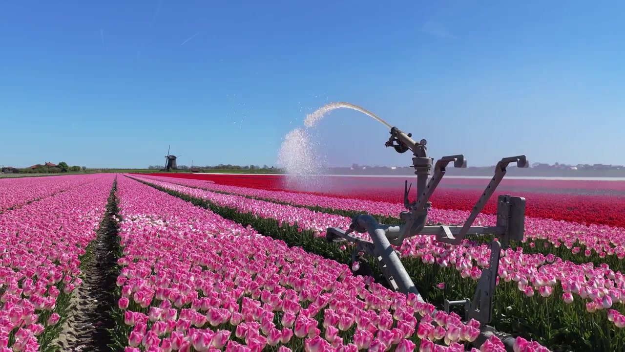 Vannspreder som vanner et rosa tulipanfelt i Nederland