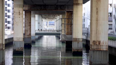 symmetrical view under a bridge over calm water