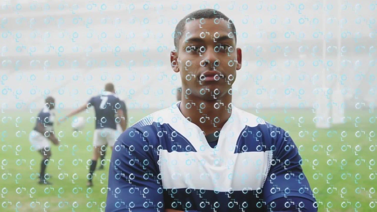 Animation of loading circles over african american rugby player