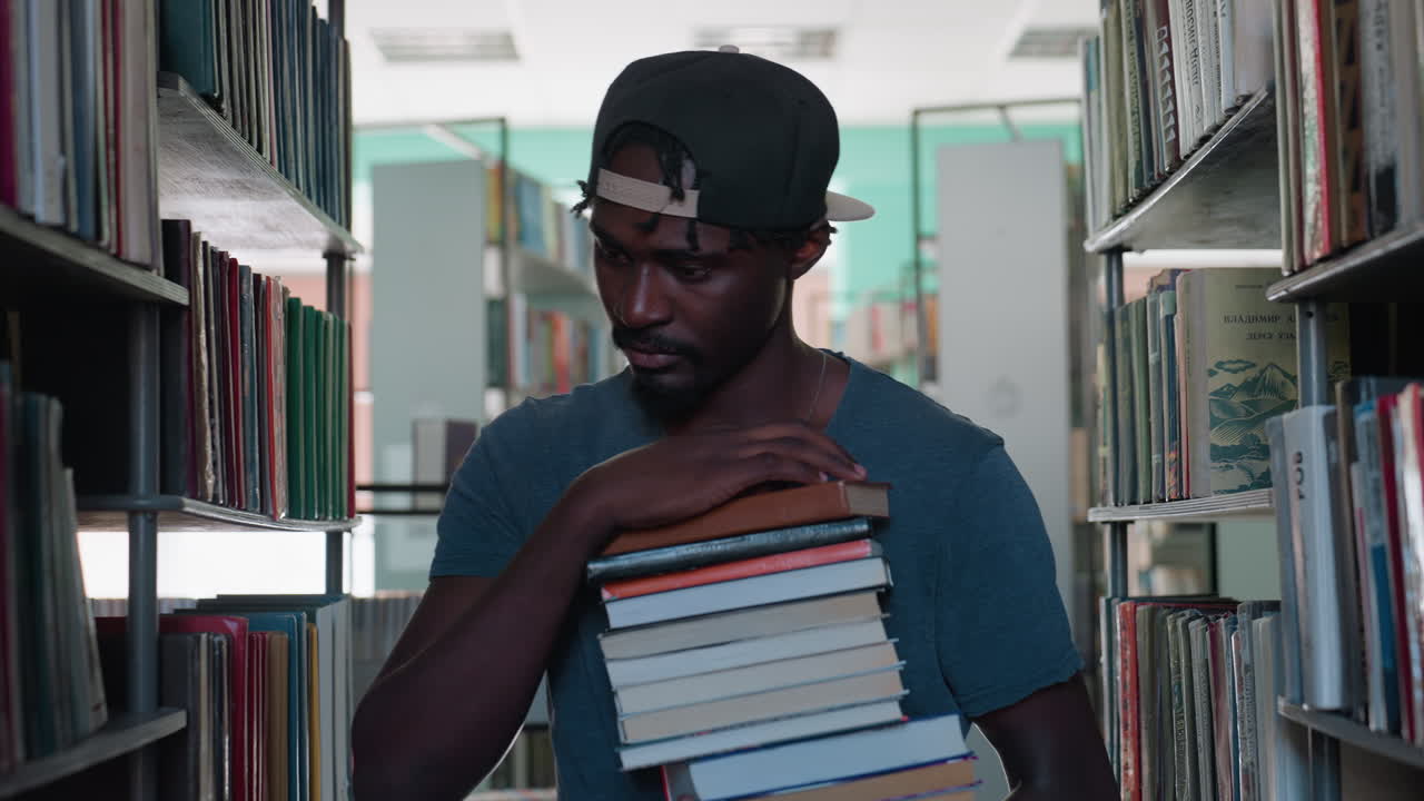 young man with cap carries stacked books through library aisle, pauses and scans shelves for spot to place volumes, thoughtful student vibe, quiet study setting, soft daylight