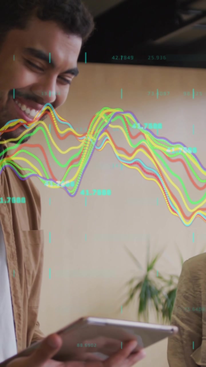 Animation of multiple graphs, numbers, diverse coworkers talking while using cellphone and tablet