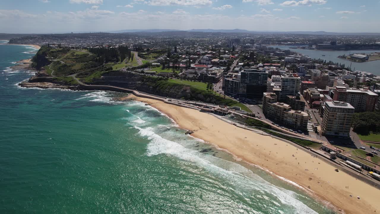 Newcastle Beach And Harbor City With Beachfront Hotels In New South Wales, Australia. - aerial shot