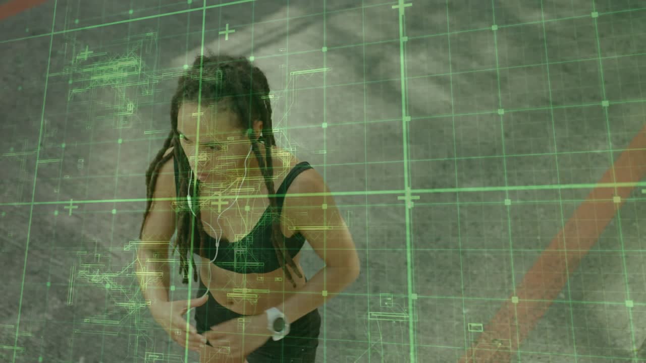 Woman leaning forward then stepping and speeding on red lane while HUD tracking wrist fitness data