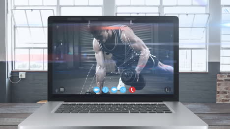 Animation-of-tablet-computer-showing-a-Caucasian-man-exercising.-Coronavirus--spreading