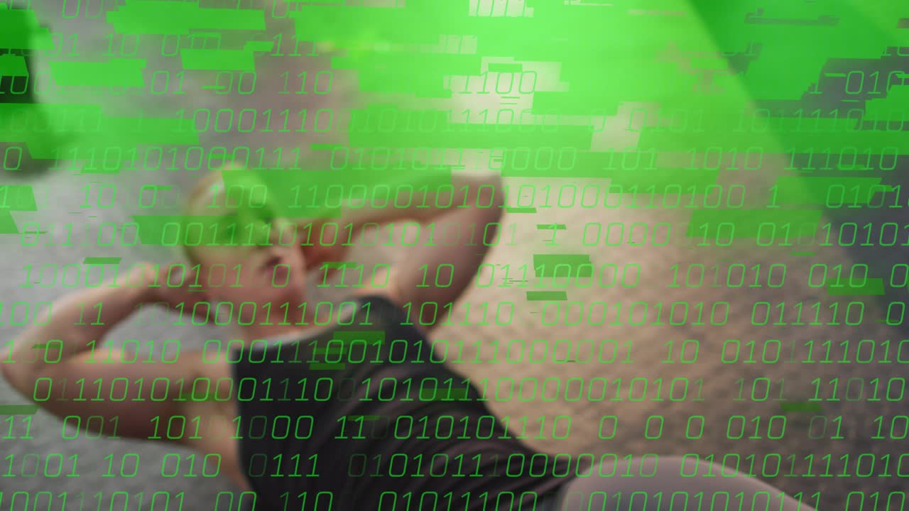 Woman clasping head, crunching on gym floor for abdominal workout with binary code overlay