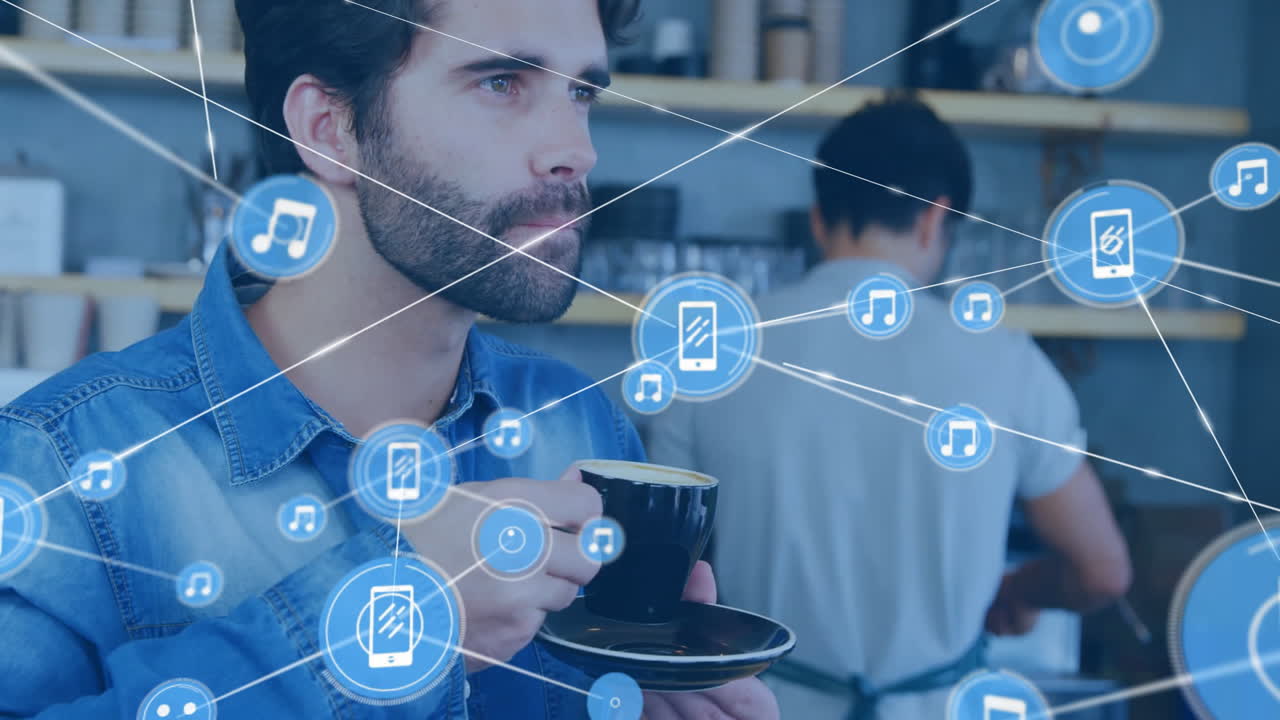 animación de la red de conexiones con dispositivos contras sobre hombre caucásico con café en la cafetería