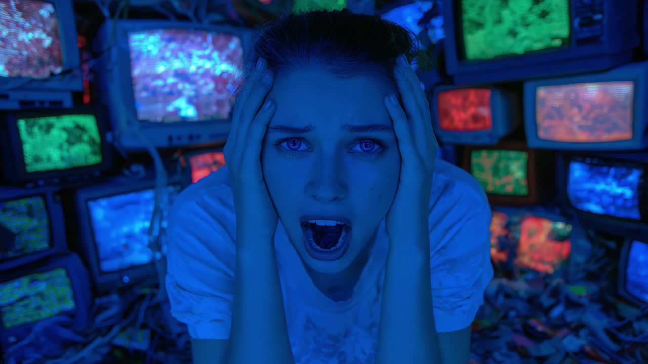 Confronting Digital Overload: A Striking Visual of Anxiety and Isolation Amidst Chaotic Screens Glowing in Blue, Capturing the Struggle Against Information Overwhelm