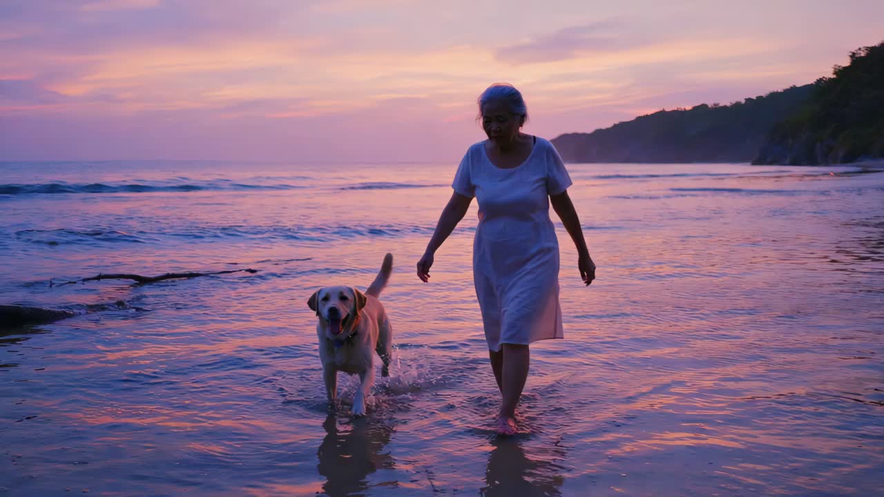 An elderly woman walking her dog on the beach at sunset