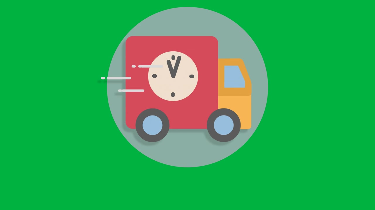 Animated Delivery Truck Icon with Clock Symbol on Green Background
