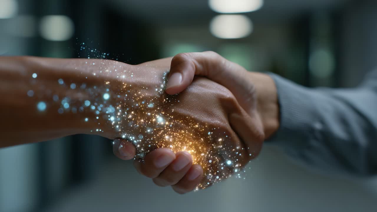 A Dynamic Exchange: Two Hands Shake with Sparkling Energy in a Vivid Display of Connection and Collaboration in a Modern Environment