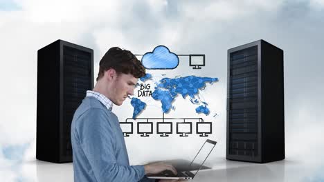 Animation-of-caucasian-businessman-using-laptop,-computer-servers-and-data-processing-over-clouds