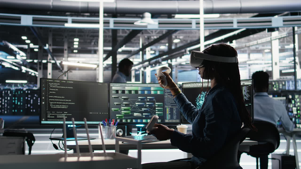 Data center technician using virtual reality tech and node tree software
