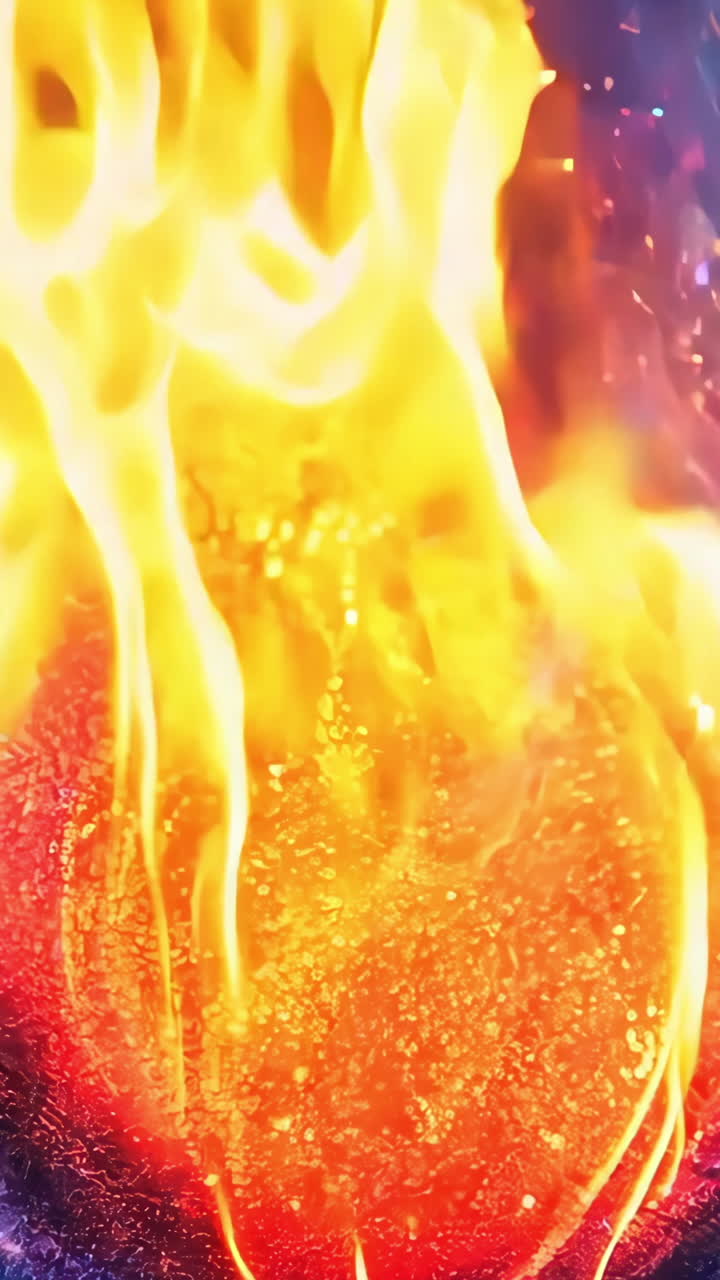 A blue and orange flame is lit on a dark background. The flame is surrounded by a blue and orange glow