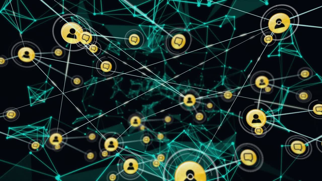 Animazione di una rete di icone digitali su reti di plessi al neon su sfondo nero