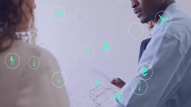 Animation of ecology icons over diverse business people in office