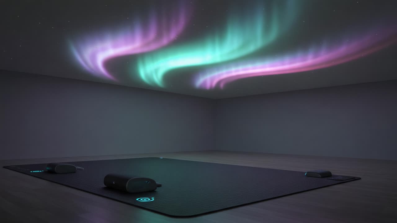 A Serene Space Featuring an Evocative Display of Northern Lights Illuminating a Futuristic Mat and Surrounding Area During a Calm Evening
