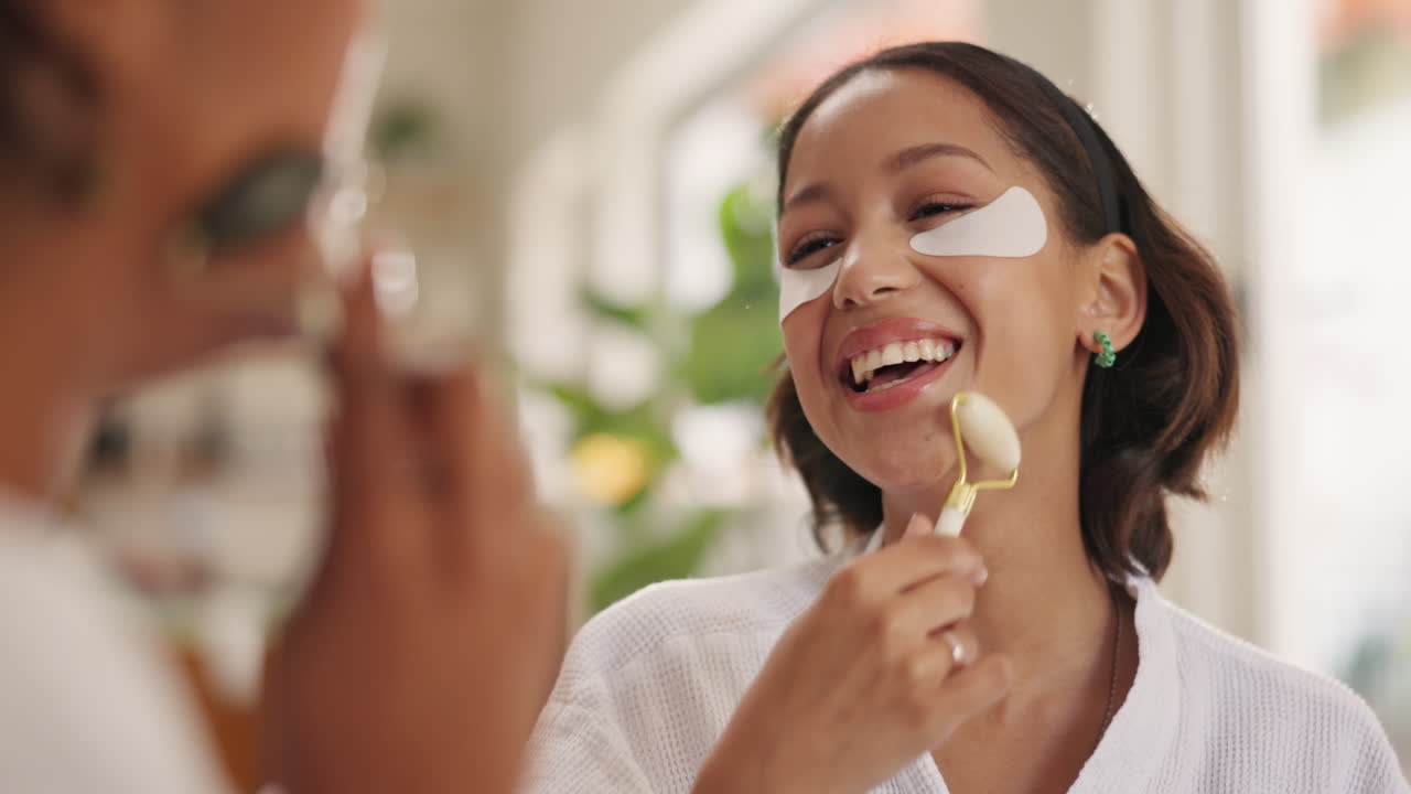 Woman using face roller and eye patches in mirror