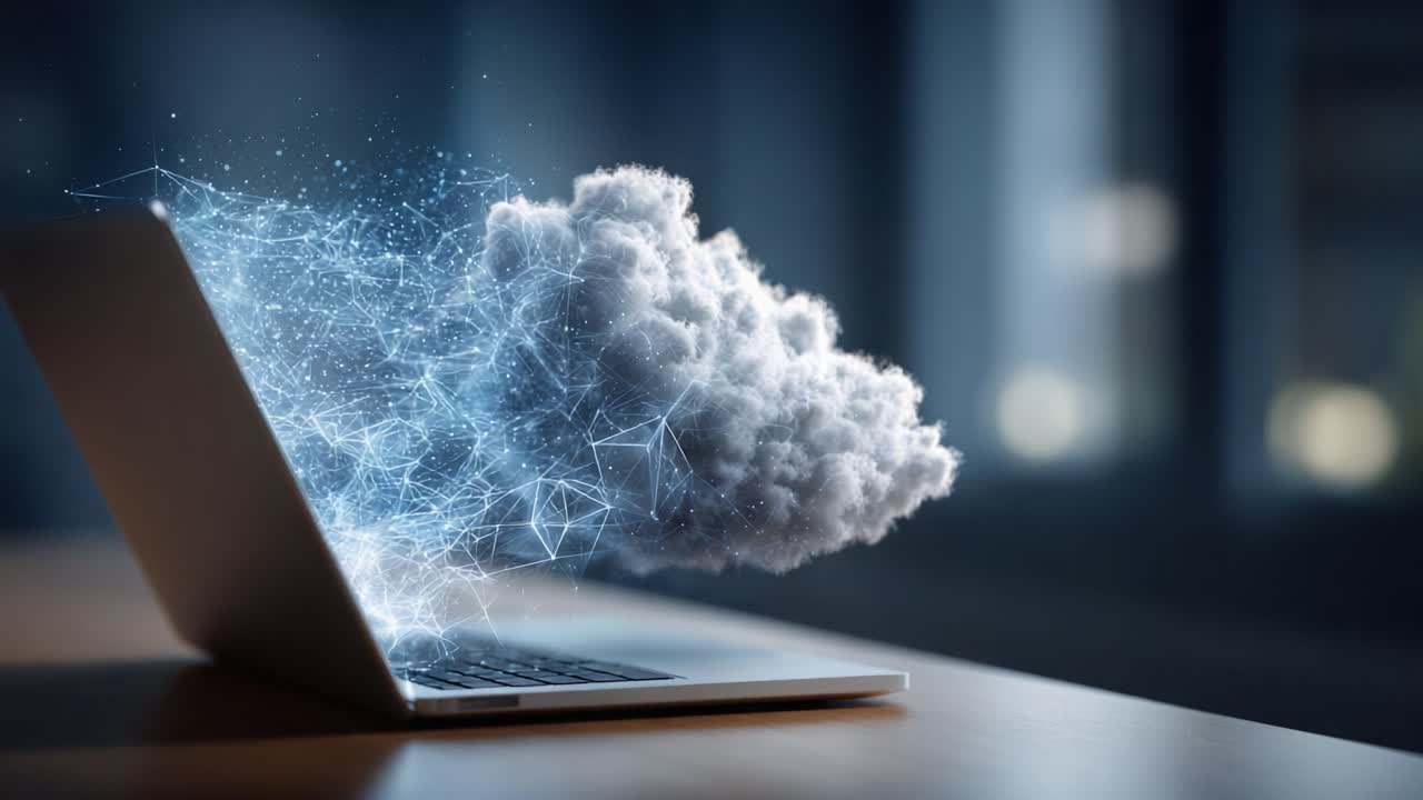 Imaginary Cloud Computing: Transformative Visuals Emerge from Laptop Display, Representing Data Connectivity and Digital Innovation in a Vivid Environment