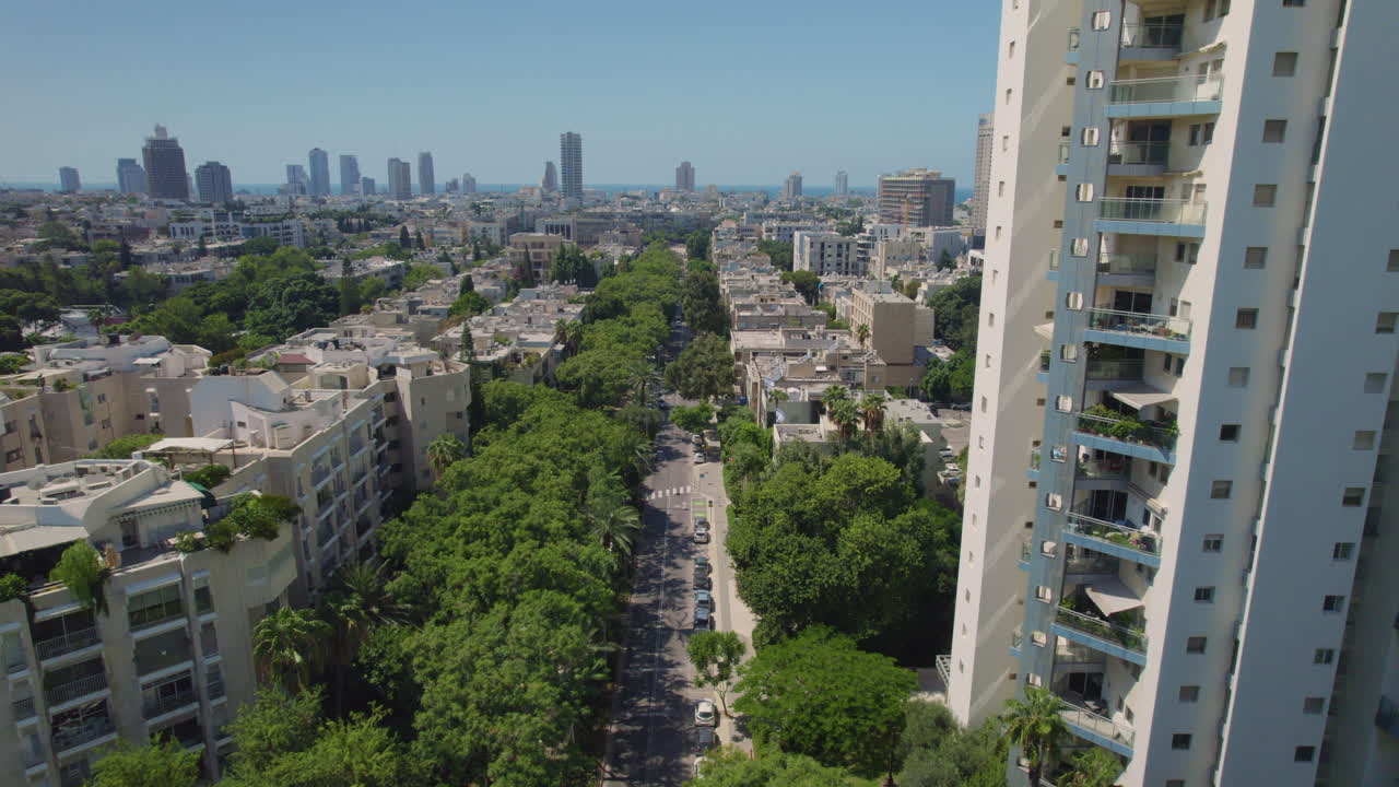king david boulevard tel aviv, cheio de árvores em seus lados que criam sombra do calor intenso para os pedestres - as torres da cidade e o mar mediterrâneo no fundo