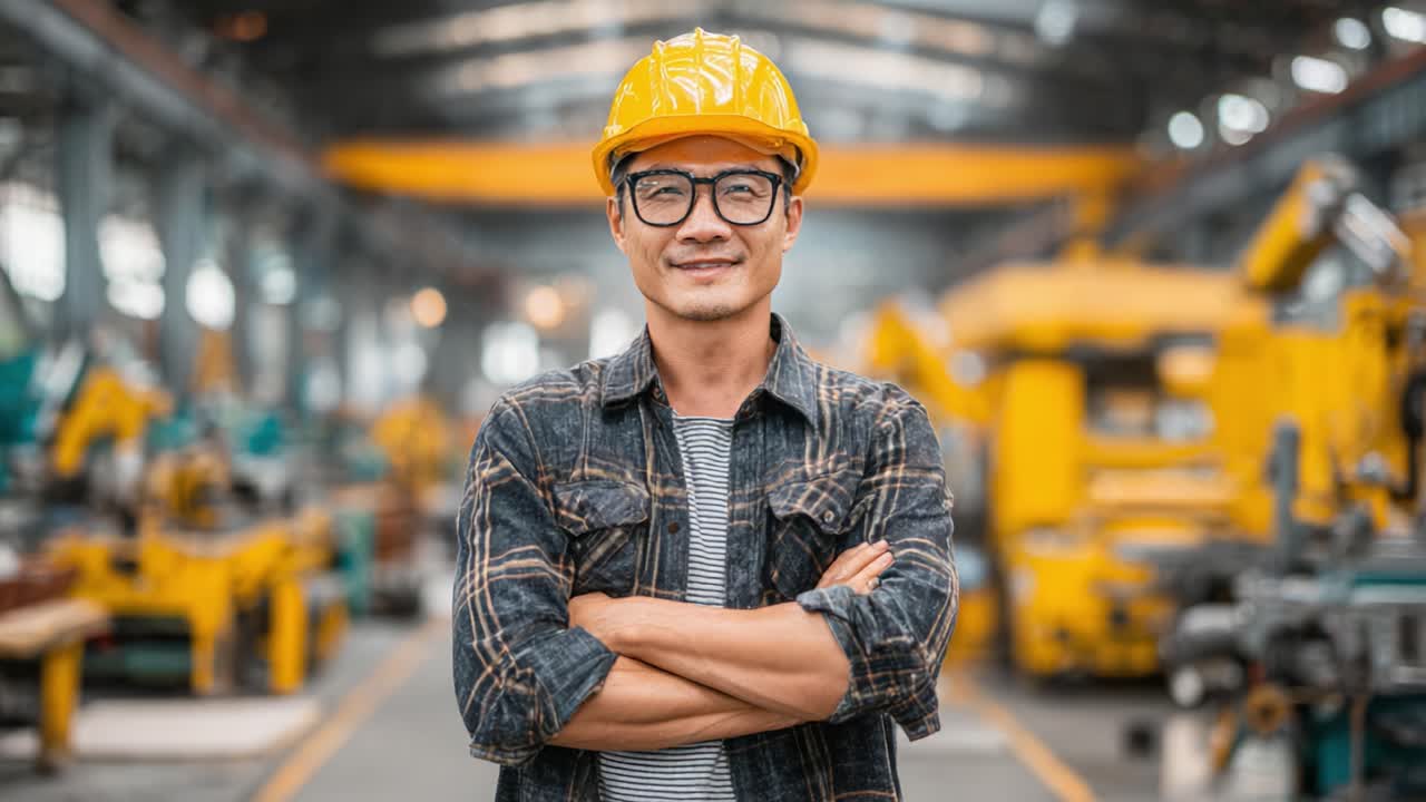 Operaio sicuro di sé con dispositivi di sicurezza sorride in un ambiente di lavoro industriale, dimostrando impegno per la sicurezza e l'efficienza in un ambiente di produzione