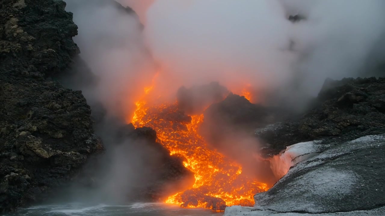 Flytende smeltet lava som kommer i kontakt med kaldt havvann ved en steinete vik, produserer damp og danner en skorpe.