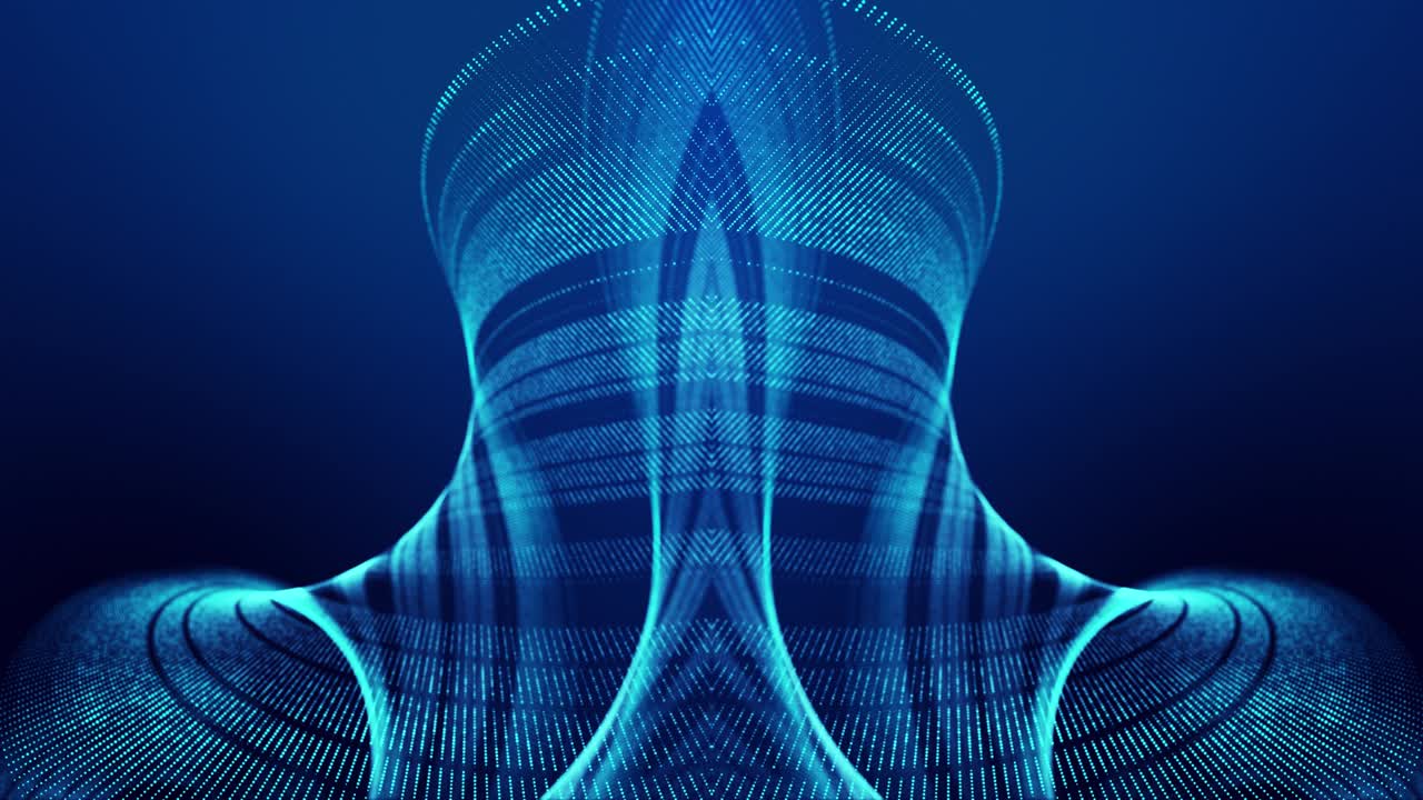 tema abstracto de ciencia ficción con ondas de partículas. fondo azul abstracto en bucle de 4k de partículas de brillo forman líneas curvas, superficies estructuras simétricas. fondo digital con holograma de partículas.