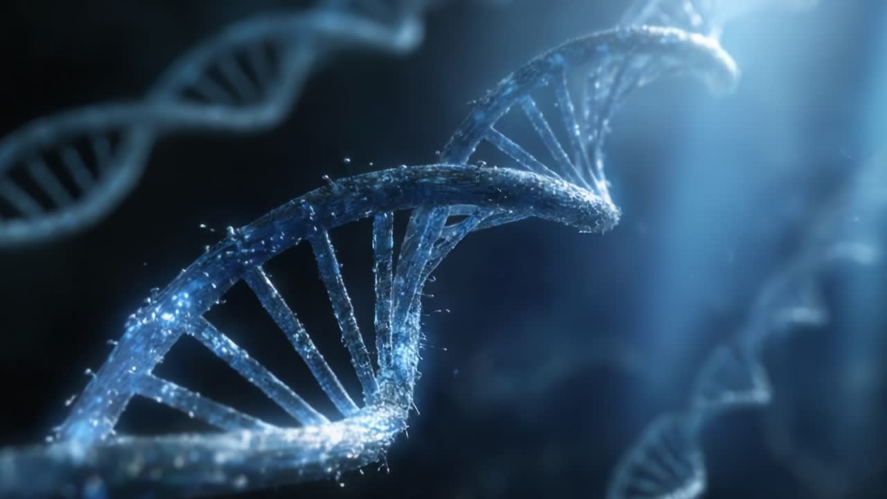 Intricate Visualization of DNA Helix Structures Illuminated by Light Rays, Showcasing the Beauty of Genetic Material in a Dark Environment, Symbolizing Life's Molecular Blueprint