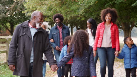 familia de varias generaciones en una caminata de otoño en el campo juntos
