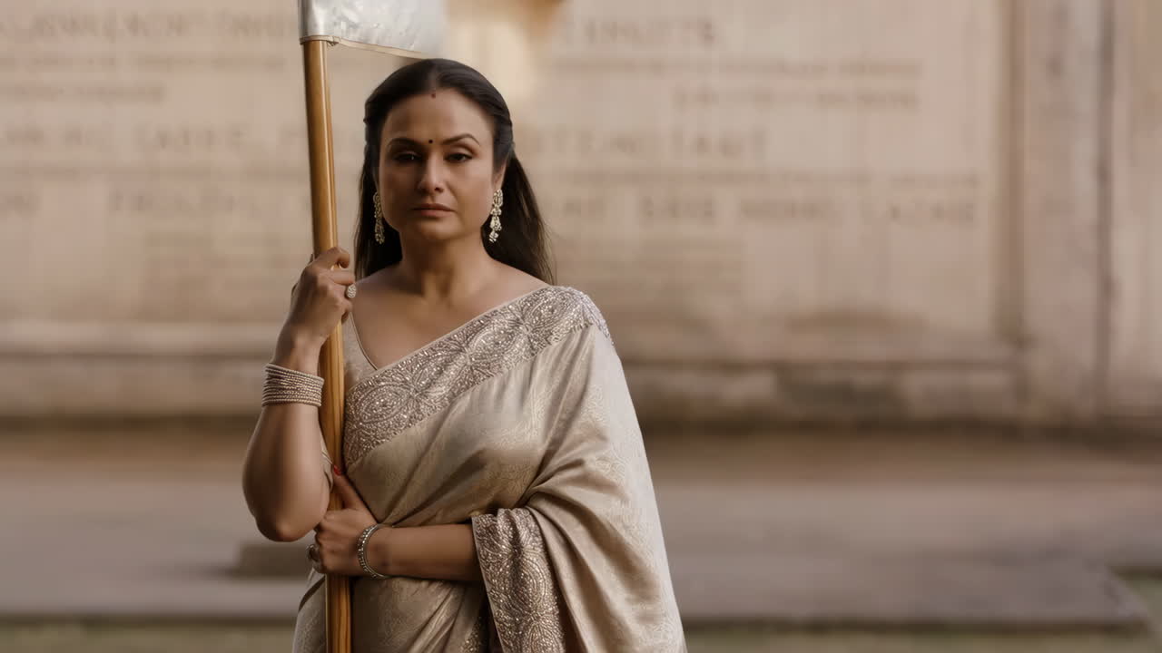 uma mulher de sari segurando uma bandeira