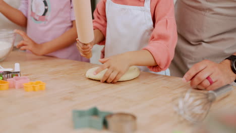 dough, rolling pin and hands of child baking