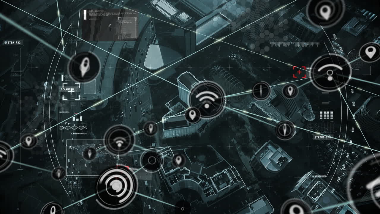 animación de la red de conexiones con iconos sobre el paisaje urbano