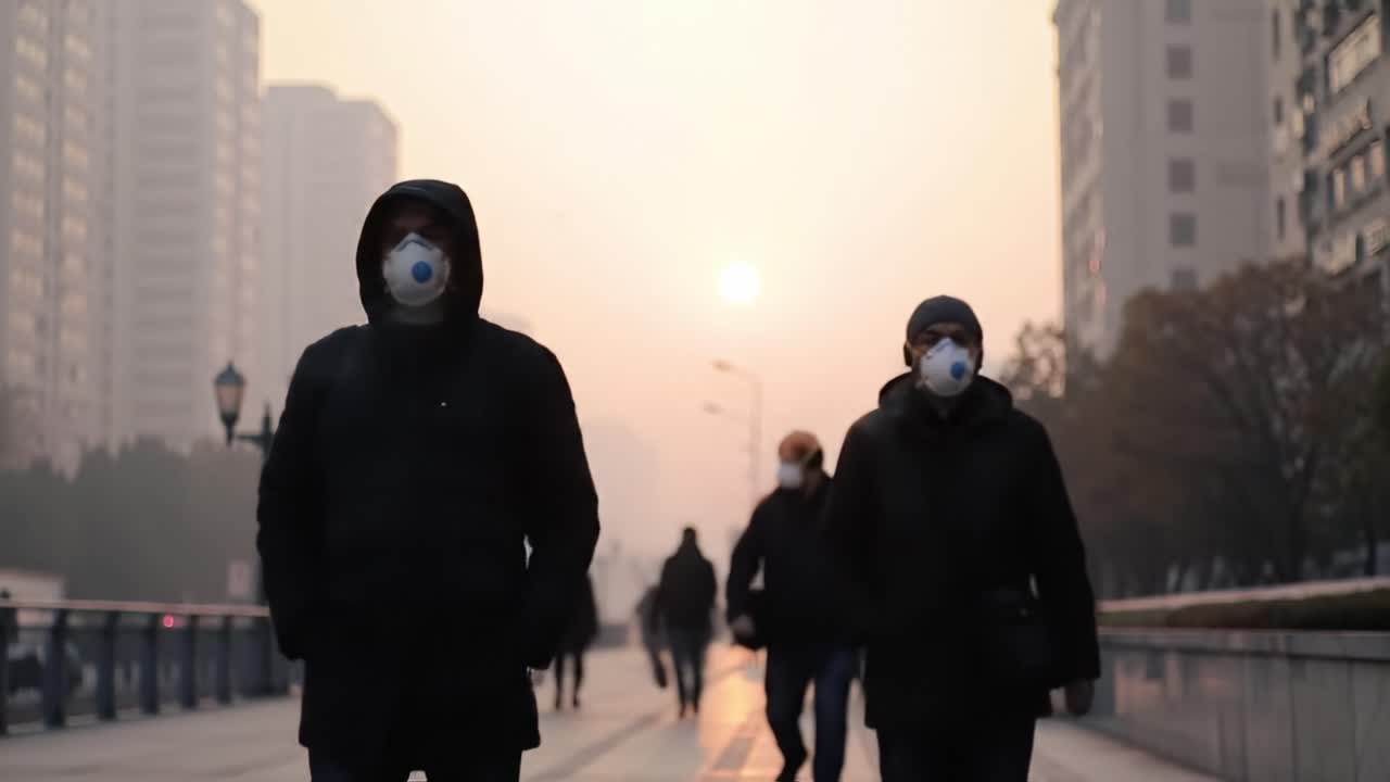 Silhouetted Individuals Walking Along a City Path in Foggy Conditions, Wearing Masks Against Pollution at Sunrise, Capturing a Moment of Urban Life