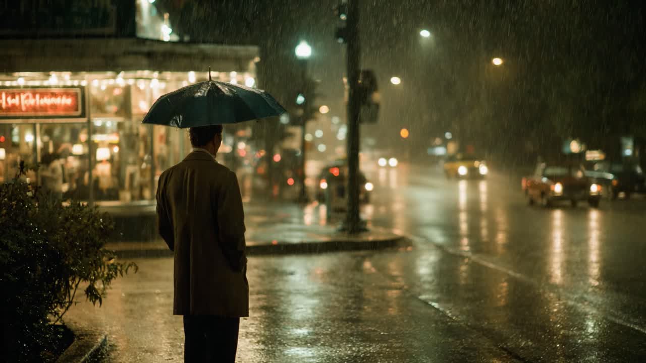 Una figura solitaria permanece bajo un paraguas en las calles empapadas por la lluvia, capturando la esencia melancólica de una noche lluviosa con las luces de la ciudad reflejándose en el pavimento mojado