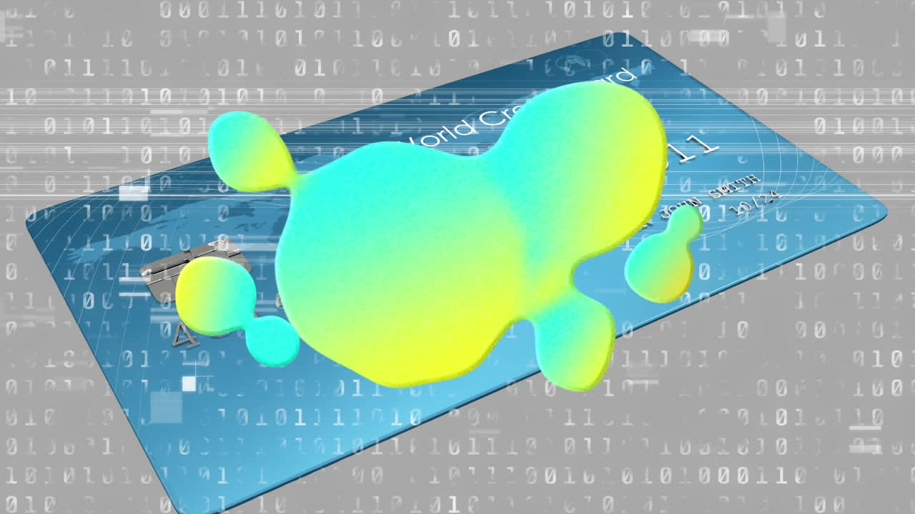 Animation of colorful stains and binary code over bank card
